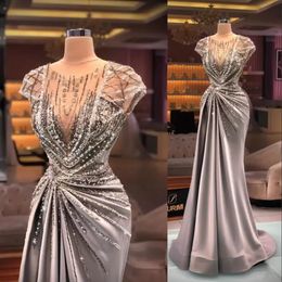 Arabic Sexy Luxury Prom Dresses Jewel Neck Illusion Cap Sleeves Crystal Beading Sequins Bling Formal Party Dress Evening Gowns Plus Size Sweep Train