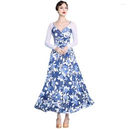 Stage Wear Women V-Neck Modern Dance Dress National Competition Printing Waltz Ballroom Costume