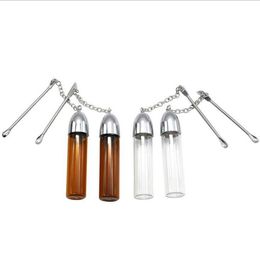 3 Different Size Smoking Accessories Silver Clear Brown Glass Snuff Pill box Bottle Vial Metal Spoon Spice Bullet Rocket Snuff Snorter Case
