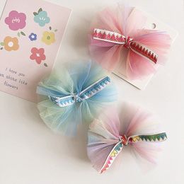 sweet girls princess hair accessories holiday style fresh rainbow embroidery webbing bow children's headwear side clip Y005