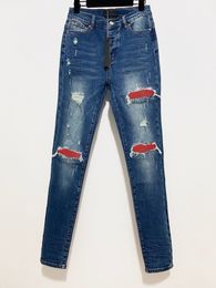 2023 spring summer new designer jeans fashion red hole stitching design luxury mens blue pencil jeans