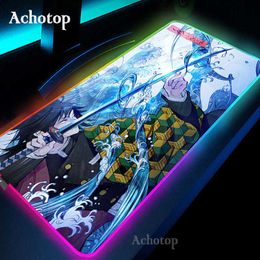 Mouse Pads Wrist Rests Anime Demon Slayer Mousepad Gaming Mouse Pad RGB LED Gamer Mat Computer Desk Padmouse Keyboard Kamado Nezuko Locrkand manga mat T230215