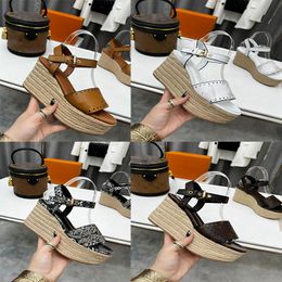 Designer Sandals Starboard Wedge Sandal Women High heel Espadrilles Natural Straw sandal Perforated Sandal Calf Leather Lady Slides Outdoor Shoes With box