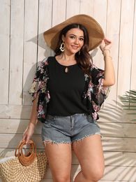 Women's Plus Size T-Shirt Finjani Plus Size Floral Print Butterfly Sleeve Blouse Summer Women Short Sleeve Casual Loose Crew Neck Tee 230216