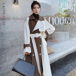 Womens Trench Coats LANMREM Women Colour Block Trench Coat Double Breasted Patchwork Spring Winter Female Fashion Streetwear Windbreaker 2C740 230216