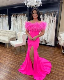 Party Dresses Pink Mermaid Prom 2023 Off The Shoulder Feather Split Side Formal Evening Gowns Dress