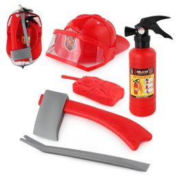 Tools Workshop 5Pcs/set Children Firefighter Fireman Cosplay Toys Kit Helmet Fire Extinguisher Intercom Axe Wrench Gifts for Kids 230216