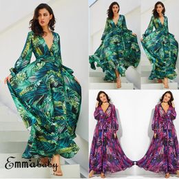 Повседневные платья плюс размер Boho цветочный шифоновый платье Женщины v Neck Hyest Surdress vestido Ladies Lummer Elegant Maxi Dresscual