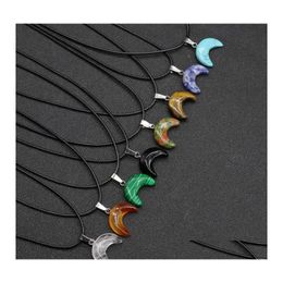 Pendant Necklaces Natural Stone Ox Horn Crescent Moon Shape Necklace Rose Quartz Healing Crystal Rope Chain Collar For Women Fashion Dhtsx