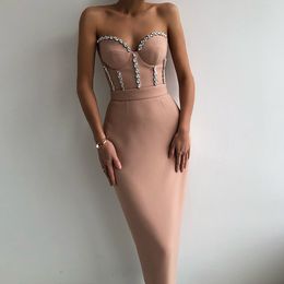 Casual Dresses Sexy Strapless Women Dress Bandage Bodycon Elegant Beading Party Evening Club Midi Summer Autumn Clothes 230216