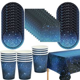 Disposable Flatware 53Pcs/set Galaxy Party Tableware Starry Night Sky Paper Plate Cup Tablecloth Kids Outer Space Birthday Decor Supplies 230216