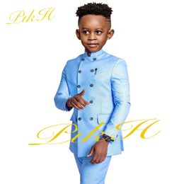 Suits Boys Suit Wedding Double Breasted Jacket Pants 2 Piece Kids Sky Blue Dress Child Full Outfit 2-16 Years Old 230216