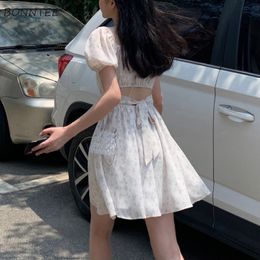 Casual Dresses Women Puff Sleeve Holiday Sundress Hollow Out Floral Design Korean Style College Lovely Simple Trendy Summer Vestidoes 230216