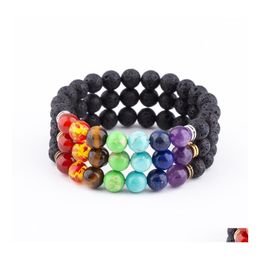 Beaded Strands 8Mm Lava Stone 7 Chakra Beaded Strand Bracelet Diy Aromatherapy Essential Oil Diffuser Bracelets For Women Men Yoga Dhohu