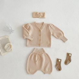 Clothing Sets Girls Sleeve Cardigan Simple Solid Coat Baby Spring V-neck Knitwear Shirt Cotton Lantern Shorts 2pc Soft Set