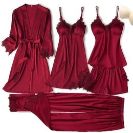 Women's Sleepwear Pyjama Set Women Lace Trim Satin Sleepwear Pyjamas Pour Femme Summer Nightwear With Pants Casual Home Wear Kimono Robe Gown PJS 230215