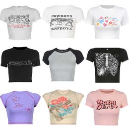 2023 Damen-Sommermode-Shirts, kurzes, lässiges und vielseitiges Y2K-T-Shirt mit schmaler Passform und freiliegendem Nabel-Print. Kurzarm-Top