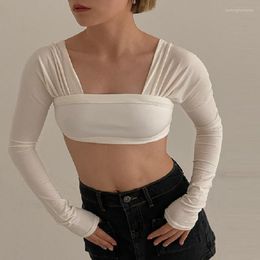 Frauen T -Shirts 2023 Korean Fashion Chic Frauen Vintage Skinny Shirt Sexy Brust Warp Crop Tops Frauen Full Sleeve Black White T -Shirts Kleidung