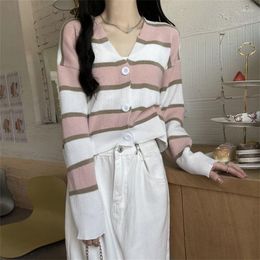 Women's Knits Women's Spring And Autumn 2023 V-neck Striped Short Long Sleeve Sweater Coat Japanese Lazy Thin Knitted Cardigan Top