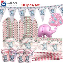 Disposable Flatware 1set 10-20people use Elephant Birthday Party Girl's Baby Shower Tableware Supplies pink Plates Napkins Banners Straws 230216