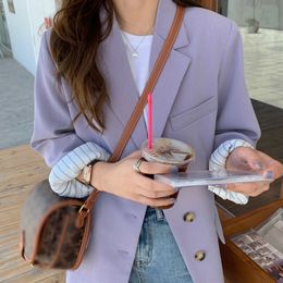 Taro Purple Suits Blazers with Pockets Women Chic Spring Autumn Soft Lapel Three-button Suit Jackets Loose Versatile Long Sleeve Coats