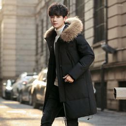 Men's Down Winter Mid Long Jacket Hair Collar Hood Thickened Warm Coat Korean Youth Casual Wear