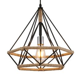 Pendant Lamps Retro Creative Rope Lamp Diamond Shape Iron Cage Ceiling Light Chandelier For Dining Room Living RoomPendant LampsPendant