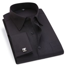 Men's Dress Shirts Classic Black French Cufflinks Business Long Sleeve Lapel Men Social 4XL 5XL 6XL Regular Fit 230216