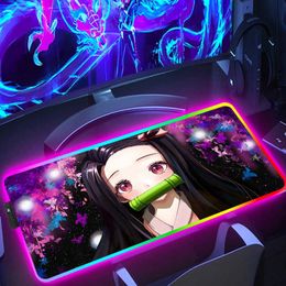 Mouse Pads Wrist Rests Rgb Mouse Pad Xxl Demon Slayer Gamer Keyboard Mousepad Anime Desk Mat Pc Accessories Large Gaming Extended Cute Backlit Led Mice T230215