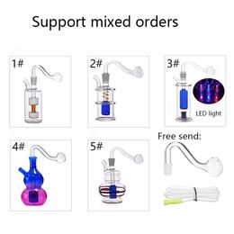 Mini Glass Oil Burner Bong Hookah Water Pipes LED light Recycler Dab Rig ash catcher Bongs for Smoking with 10mm glass oil burner pipes and hose mix style