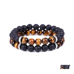 Charm Bracelets Tiger Eye Beads Black Lava Stone Bracelet Women Men Yoga Hand String Jewelry Friendship Gift Drop Delivery Dhakr