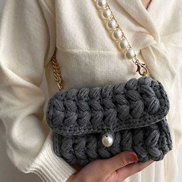 Handmade Cotton Hand Hook Handbag for Women Pearl Chain Flap Shoulder Crossbody Bag Fashion Small Tote Ladies Purses 2023 Ins 230129