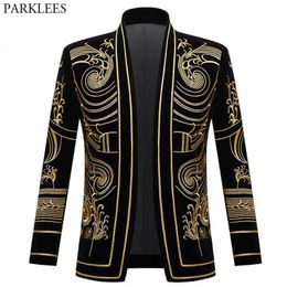 Mens Suits Blazers Luxury Baroque Gold Floral Embroidery Blazer Jacket Men Shawl Lapel Velvet Cardigan Blazers Men Wedding Party Prom Costume Homme 230216