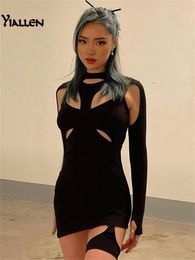 Casual Dresses Yiallen Women Spring High Street Stretch Slim Hollow Out Sexy Mini Bodycon Simple Solid Black 230216