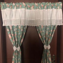 Curtain Pastoral Style Green Printed Floral Spllice White Cotton Embroidered Door Home Decorative Short 90 110cm