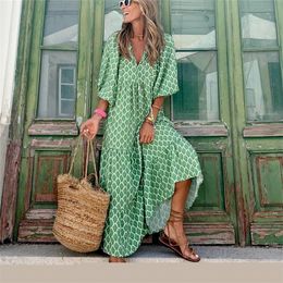 Casual Dresses Women Puff Sleeve Summer Elegant Boho Holiday Beach Vestidos Female Floral Half V-Neck 230216