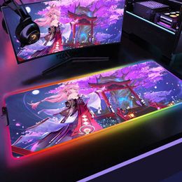 Mouse Pads Wrist Rests LED Light Desk Mat XXL Computer Gaming Mousepad Genshin Impact 90x40cm Backlight Keyboard Mat Mouse Pad RGB Anime Girl Yae Miko T230215