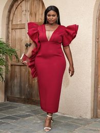 Plus Size Dresses 4XL Sexy Deep V Neck Dress Women Elegant Red Maxi Robes Short Sleeve Ruffled Stylish Christmas Party Bodycon Vestidos