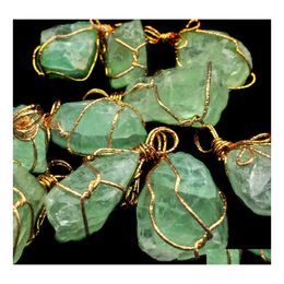 Charms Wire Wrap Irregar Green Fluorite Chakra Stone Pendant Reiki Healing Crystal Charm Fashion Diy Necklace Jewellery Making Drop De Dh3Ak