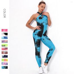 Active Sets Tight Tie-Dye Jacquard Jumpsuit Bubble Women Yoga Set Slim Hip Lifting Sling Sports Suits For Fiteness Home Exercise Clothing