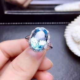 Cluster Rings Natural Blue Topaz Gem Ring S925 Silver Gemstone Fashion Big Round Flower Sun Women Girl Party Gift Jewellery