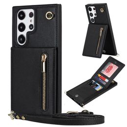 Shockproof Leather Card Slots Kickstand Zipper Wallet Cases For Samsung Galaxy S23 Ultra S22 S21 FE S20 Plus Note 20 Note10 Crossbod Lanyard Flip Stand Phone Cover