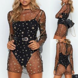 Casual Dresses Hirigin Mesh See Through Sexy Dress Womem Sundress Summer New Long Sleeve Lace Mini Dress Party Fits Beach Bikini Cover Up