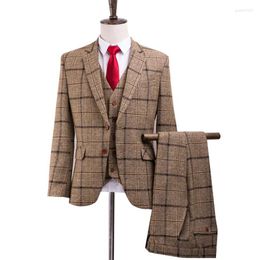 Men's Suits Men's 3 Pieces Lapel Collar Plaid Formal Tweed Suit Slim Fit Casual Business Dress Wedding Grooms Blazer Pants Vest