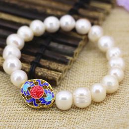 Strand Fashion White Natural Cultured Freshwater 10-11mm Pearl Beads Bracelet Cloisonne Accessories Jewelry 7.5inch B3082