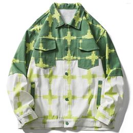 Men's Jackets LACIBLE Men Cargo Denim Jacket Hip Hop Streetwear Color Block Patchwork Graphic 2023 Autumn Casual Harajuku Coat