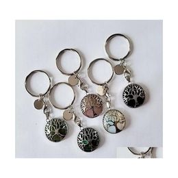 Key Rings Natural Stone Keychains Tree Of Life Sier Color Healing Crystal Car Decor Keyrings Keyholder For Women Men Drop Delivery Je Dhknb