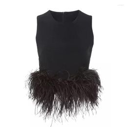 Women's Tanks Black Patchwork Feathers Korean Fashion Shirt Women Round Neck Sleeveless Slim White Tops Female Ostrich Hair Tassel Summer