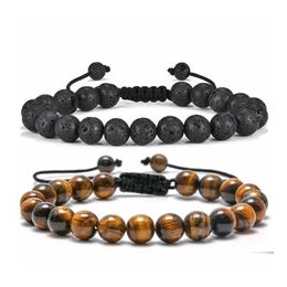 Charm Bracelets Natural Stone Bracelet 8Mm Tiger Eye Black Lava Stones Adjustable Yoga Beads Healing Energy Mens Bangle Friendship G Dhtgz