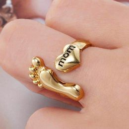 Wedding Rings Luxury Elegant Cute Feet Print Heart Ring Gold Colour Adjust Open Unique Style Promise Engagement For Lady